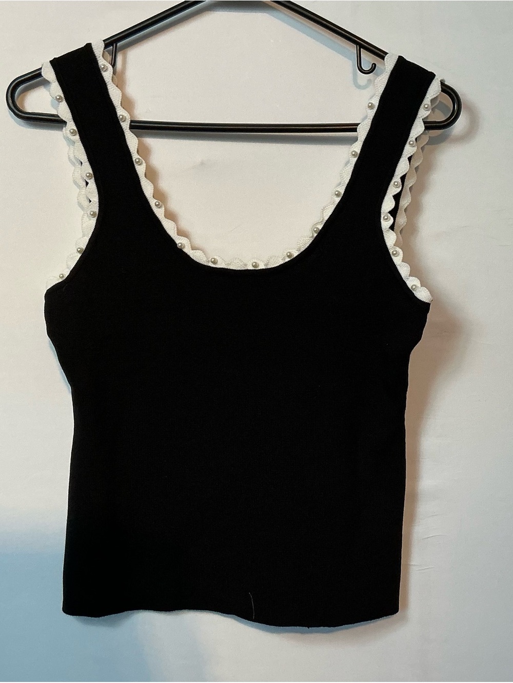 Love Tree Black Tank with White Scallop & Pearl Trim